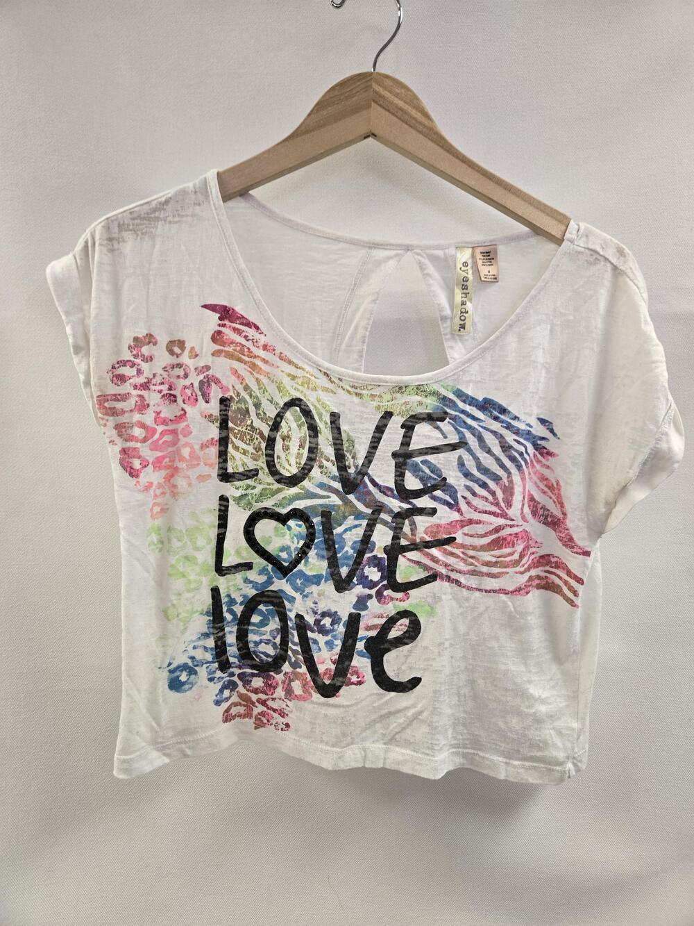 Eyeshadow Shirt Womens Medium White Burnout Crop Open Back Love Rainbow Graphic